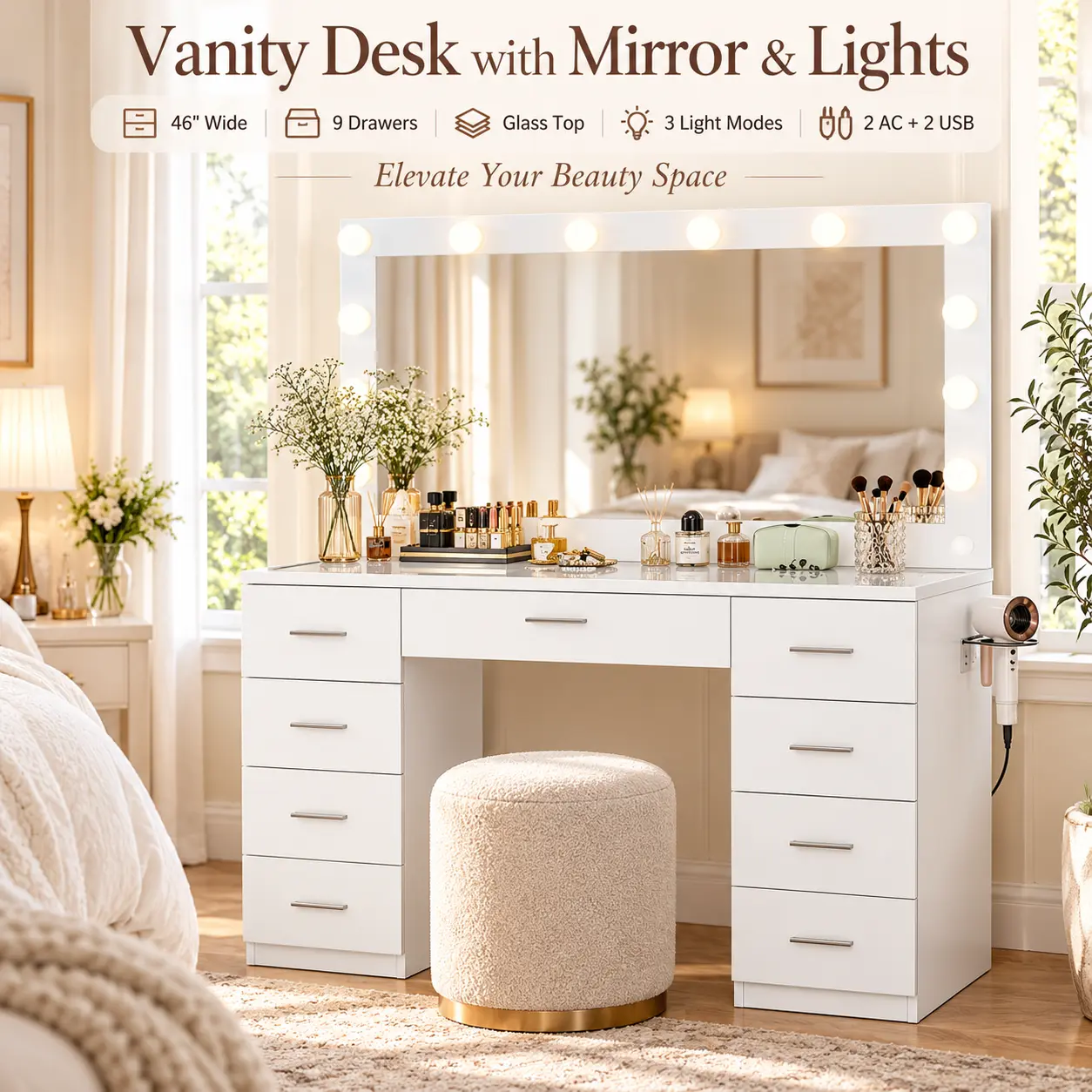 Makeup Vanity Desk with Mirror and Lights, 46 in White Dressing Table with 9 Drawers, Glass Top, 3 Color Lighting Modes for Bedroom