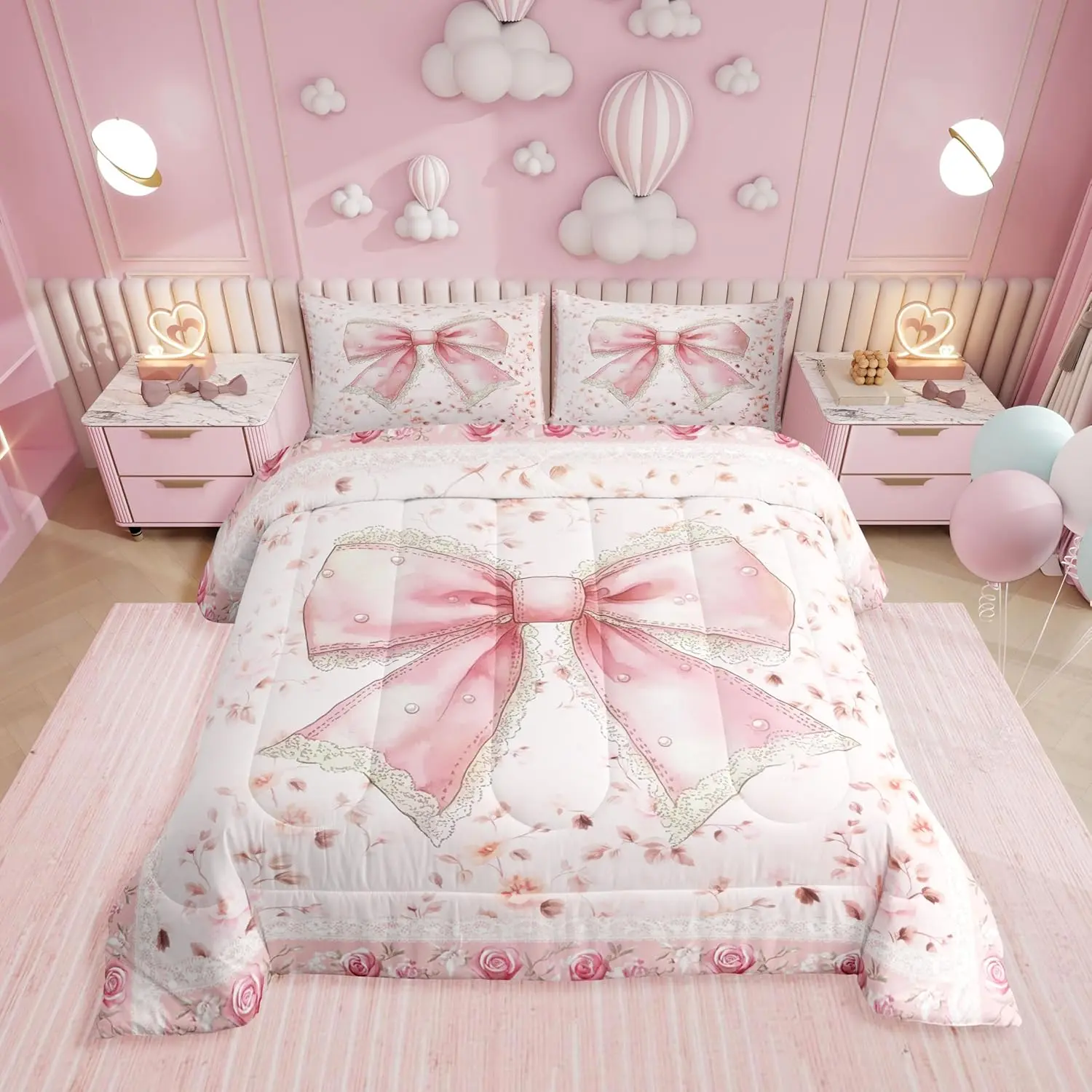 Cute Pink Bow Comforter Set Pink Flower Rose Bedding Set Room Decor,Princess Bows Bowknot Bed Set Pink and White Lace Bedding Comforter Sets,1 Pillowcase