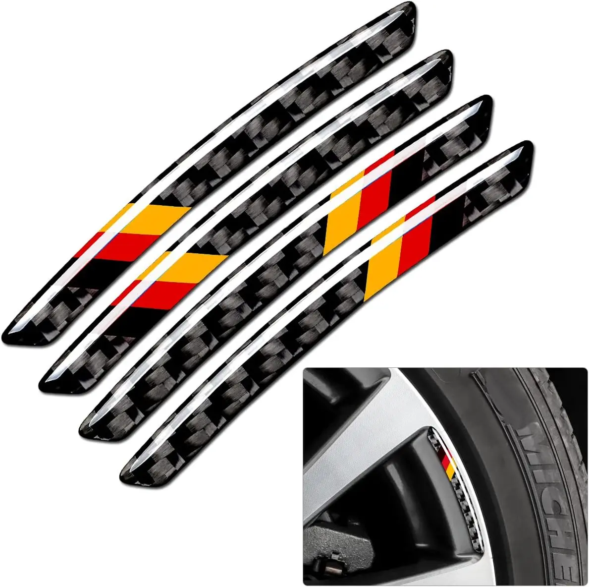 4PCS 3D Tricolor Germany Flag Emblem Car Stickers - Carbon Fiber, Abrasion Resistant Wheel Protection Edge Guards, Exterior Accessories for German Luxury Cars (Audi, BMW), Sticker Set