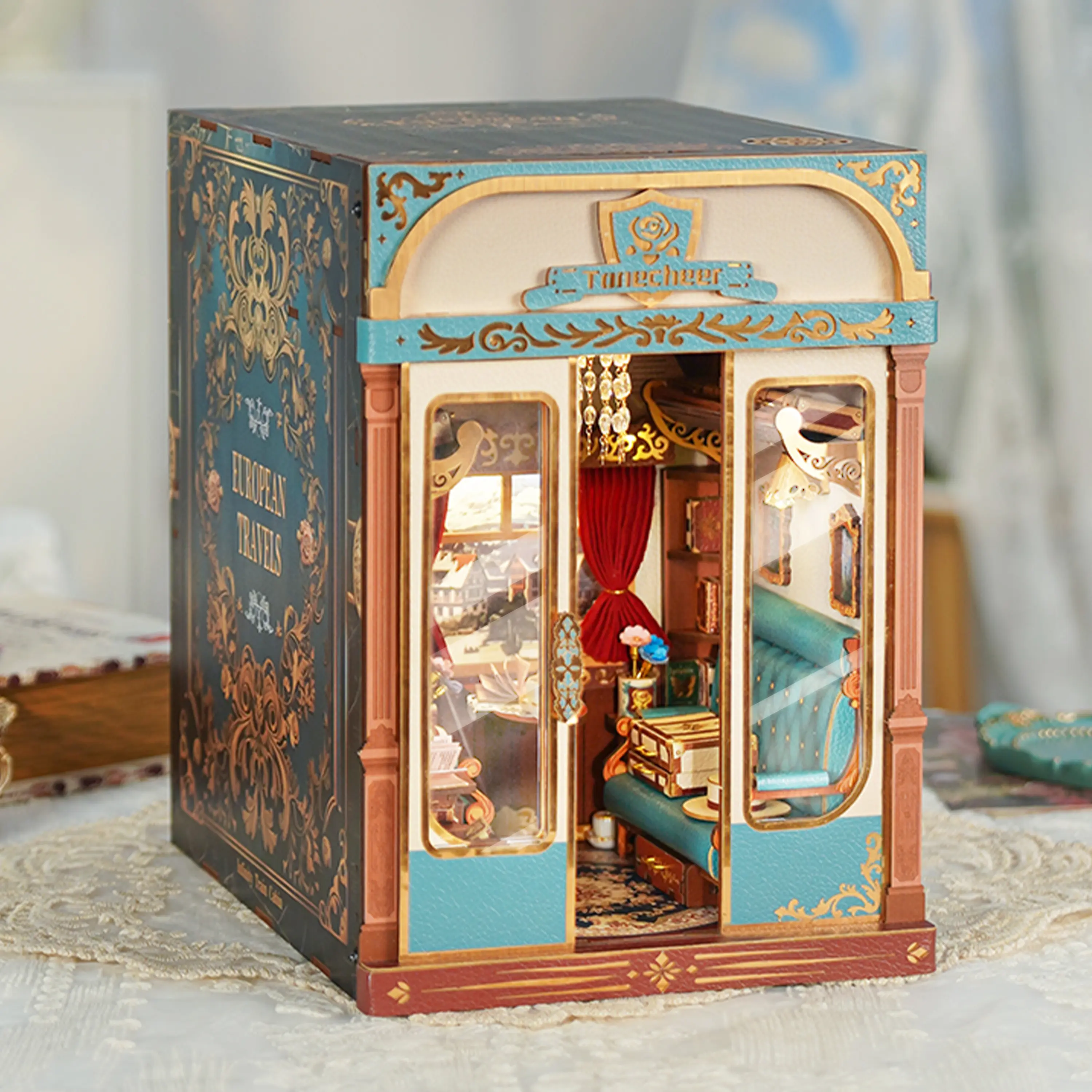 Tonecheer DIY Wooden 3D Puzzle Book Nook Diorama Kit for Adults - European Vintage Carriage, Infinity Train Cabin, Miniature Furniture, Decorative Bookend Gift, Interlocking Parts Diorama Kits (European Travels, Summervibes), 3D Puzzle Book Nook Diorama K
