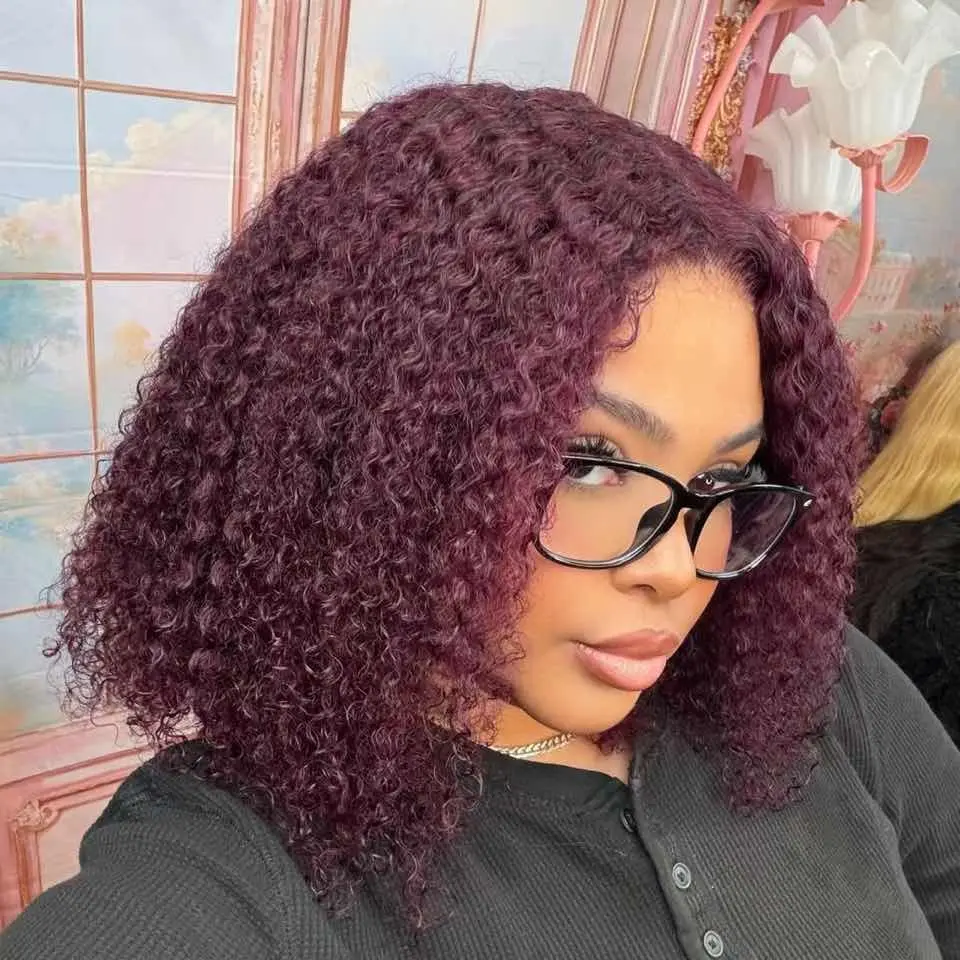 [UNiceJAZ] 7X5 Lace Closure Human Hair Wigs 250% density Fluffy Afro Kinky Wig with Layer Finger Coil Ends Fashion Black Cherry Color Glueless Pre-Everything Wig No Slip Special Design Pre-Plucked Hairline for wig Beginners