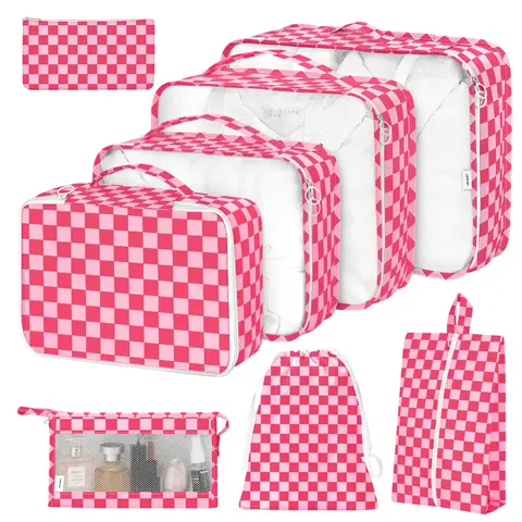 Women's 8-Piece Travel Luggage Organizer Set - Durable Polyester PA Storage, Waterproof Dustproof Zip-Fasten Pouches, Cubes, Shoe/Cosmetics/Clothing Bags, Utility Pockets, Hand Wash Only, Cold Wash Travel Pouches