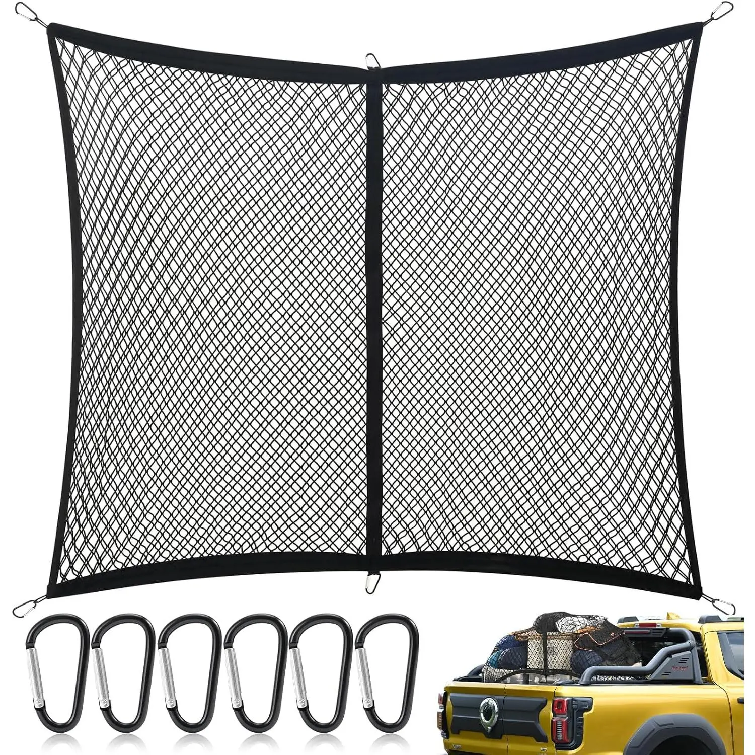 Highly Elastic Cargo Net - Double Layer Truck Bed Cargo Net for Pickup Trucks, Vans and SUVs | 4x4 FT Stretches to 7x7 FT, Perfect for Daily Light Loads