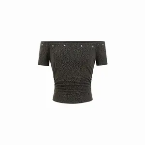 Cider Cotton-blend Leopard Print Off-shoulder Crop Tee With Rhinestone Detail