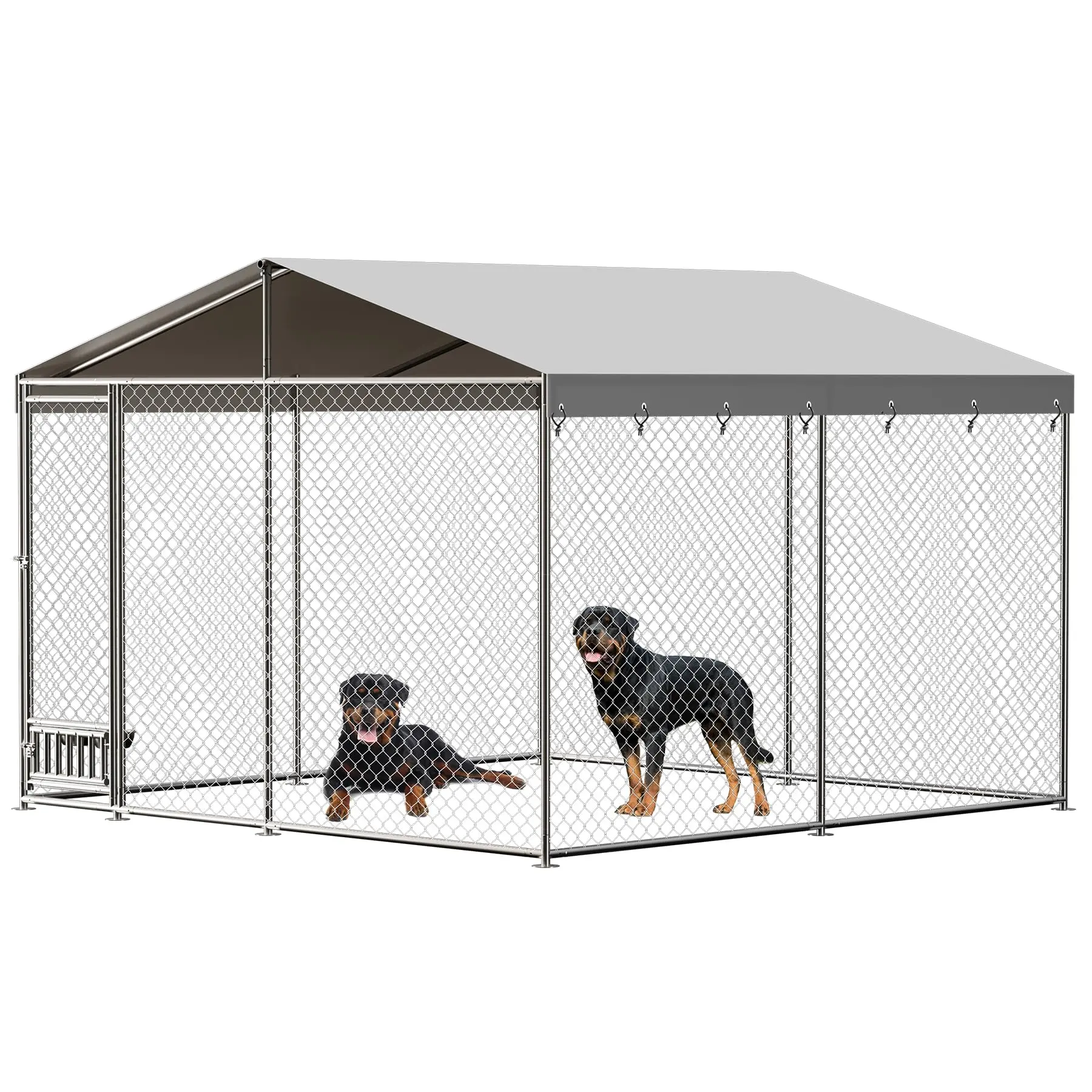 10x10 Dog Kennel Outdoor with Roof, Heavy Duty Metal Dog Enclosure with Feeding Device  for Large Breed, Outdoor Yard Pet House Kennel