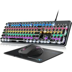 Typewriter Mechanical Gaming Keyboard and , Metal Panel Retro Keyboards with Round Keycap Blue , Rainbow LED Backlit 104-Key Anti- Wired  and Pad Combo for PC Laptop  Gamer