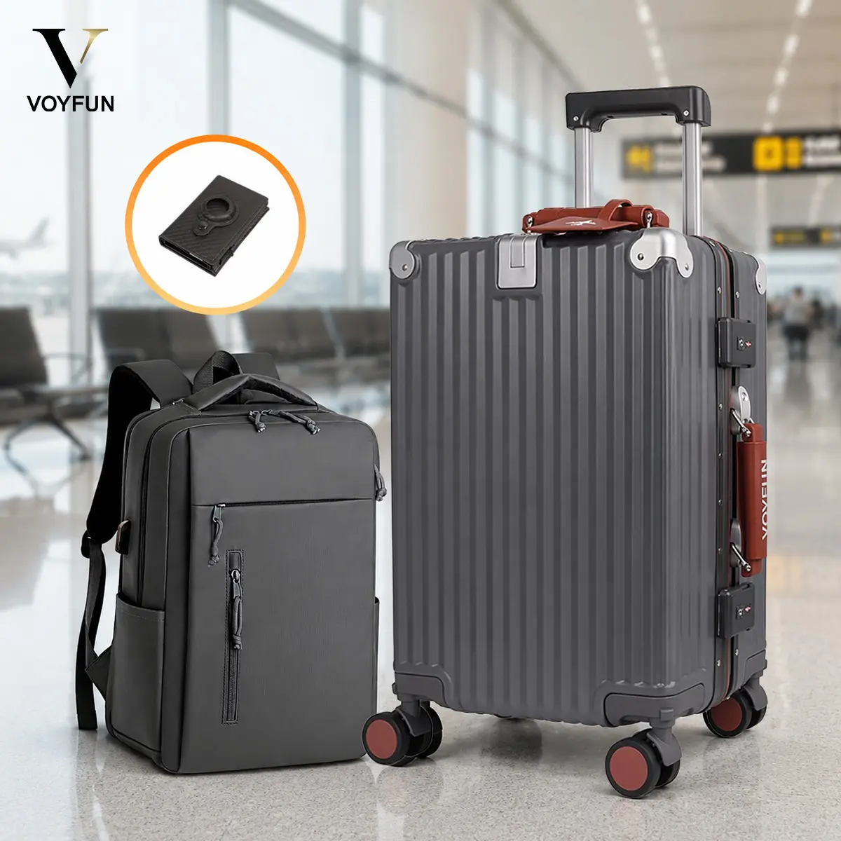 Aluminium Frame Zipperless Luggage Travel Set 20 inch Carry-On Pc Hardside Suitcase with Removable Spinner & TSA Lock & Check-Free Boarding, Travel Backpack with Laptop Compartment, Carbon Fiber Card Wallet with Tag Slot