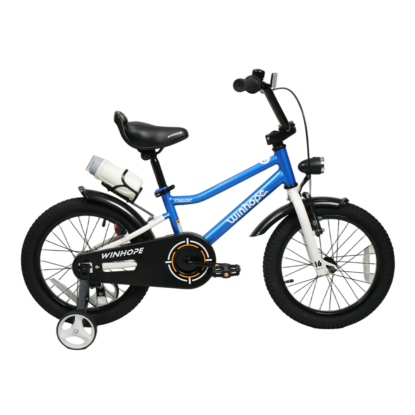 WINHOPE Starlight Kids’ Bicycle for Ages 2–9 | 12–18 inch with training wheels, front light, mudguards, water bottle holder | 95% preassembled, dual brakes, adjustable seat/handlebar Versatile Terrain Growing Kids