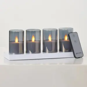 Rechargeable Smoke Glass Moving Flameless LED Votive Candles with Remote - Set of 4