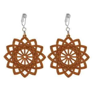 Silver Wooden Sunburst Cutouts Clip On Dangling Earrings