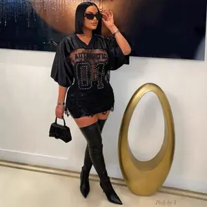 Printed loose casual street perspective sexy lace patchwork T-shirt short sleeve top Womenswear Streetwear