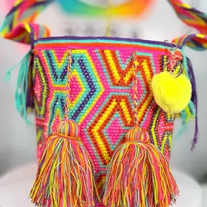 Wayuu Handmade Crochet Mochila with Rhinestones & Pom Poms Colorful Boho Crossbody Bag 11x12 inches 39-inch Strap Ethically Made Vibrant Geometric Pattern