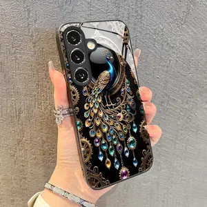 Creative High-End Elegant Gemstone Peacock Tempered Glass Phone Case, for iPhone XS 11 12 13 14 15 16 17 Pro Max Plus Air E Samsung Galaxy 21 22 23 24 25 ULTRA FE Plus A Series, Protector for Woman Girlfriend Cute New Year Christmas Gift Cover Case