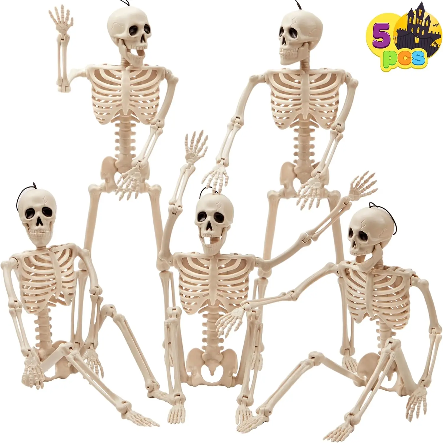 5-Pack 16-Inch Poseable Skel-eton Decorations, Full Body Hanging Skel-eton with Movable Joints for Halloween, Haunted Houses, Graveyard Scenes & Spooky Parties