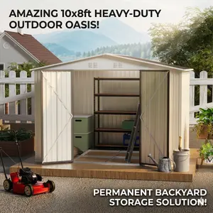 Outdoor Garden Shed 10x8ft White Metal Storage Shed with Foundation Aluminum Alloy Frame Hinge Door Heavy Duty Backyard Tool House for Patio Lawn Furniture Bike Storage Weatherproof Permanent Garden Building Kit