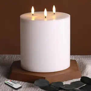 White 3 Wick Flameless Pillar Candle ? 6" H 6", Giant Real Wax Flickering LED Candle with Remote