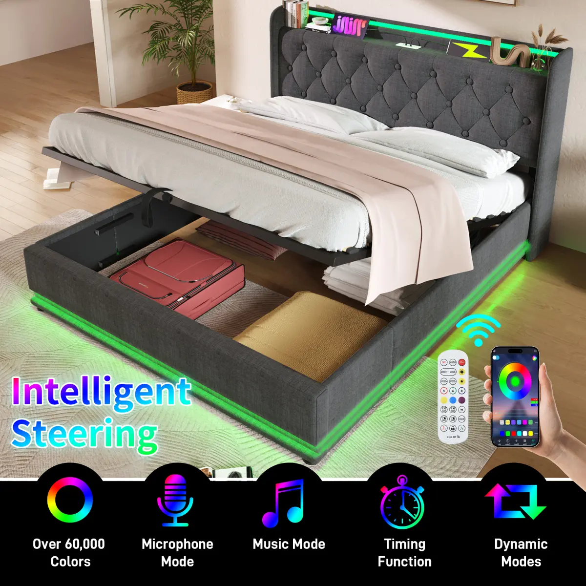 Upholstered bed, 360 surround LED function, Buttons/Apps/Remote Control, hydraulic storage bed with USB Type-C charging, Gray,Linen (Without mattress)    RR Smart Led Bed Wingback Platform Bed
