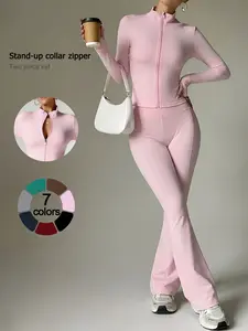 Women's 2-Piece Fitness Set, Stand Collar Full Zip Jacket, Long Sleeve High Waist Yoga Pants, Sporty All-Season Workout