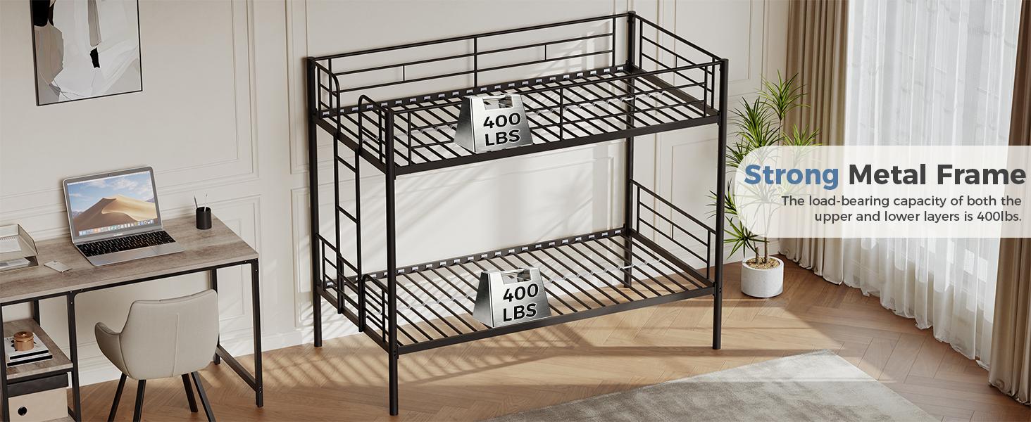 Twin Over Twin Metal Bunk Bed with Stairs & Safety Guardrails, Heavy-Duty Steel Frame, No Box Spring Needed, Space-Saving Bunk Beds