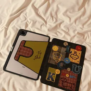 Vintage Denim Patchwork Sausage Dog Case, 360° Rotating Stand, Transparent Acrylic Full Cover, Anti-Drop Pen Slot, Fits iPad 10-7 Gen