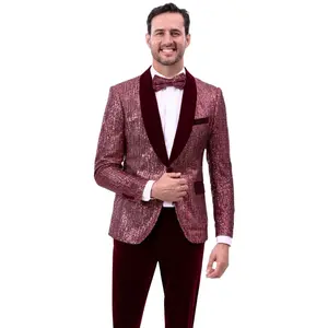 Syletria Wine Sequin Tuxedo Jacket with Matching Velvet Pants and Bowtie