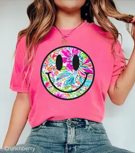 Comfort Colors Smiley Face TShirt, Summer Floral Retro Beach Vibes, Happy Face T-Shirt, Summer Floral Smile Tee, Colorful TShirt, Beach Life