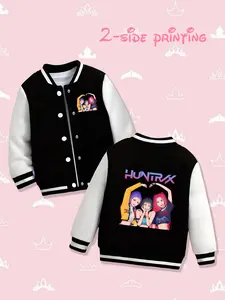 Women's Huntrix Cartoon Baseball Jacket, Heart Gesture Design, Long Sleeve, Fall & Winter, Cute Style, Daily Wear Outerwear HUNTR/X（EJAE、AUDREY NUNA、Rei Ami）、Saja Boys（Andrew Choi、Neckwav、Danny Chung、KEVIN WOO、samUIL L）、TWICE、MeloMance、JOKERs