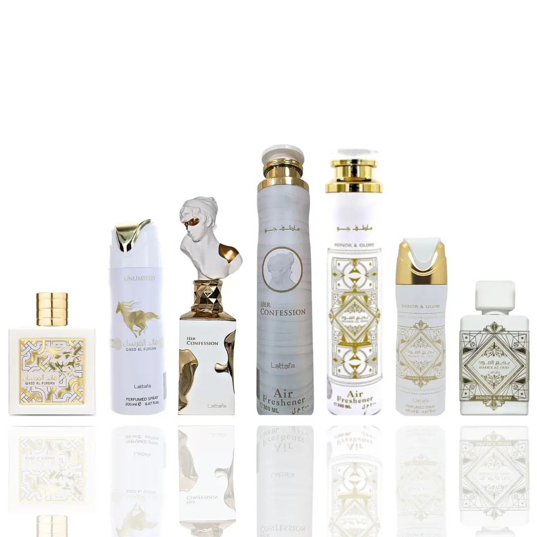 Lattafa Luxurious 7-Piece Fragrance Gift Bundle - Pre-Packed Scented Unisex Fragrance: Badee Al Oud Honor and Glory, Body Spray, Home/Car Air Freshener, Her Confession EDP, Qaed Al Fursan Unlimited