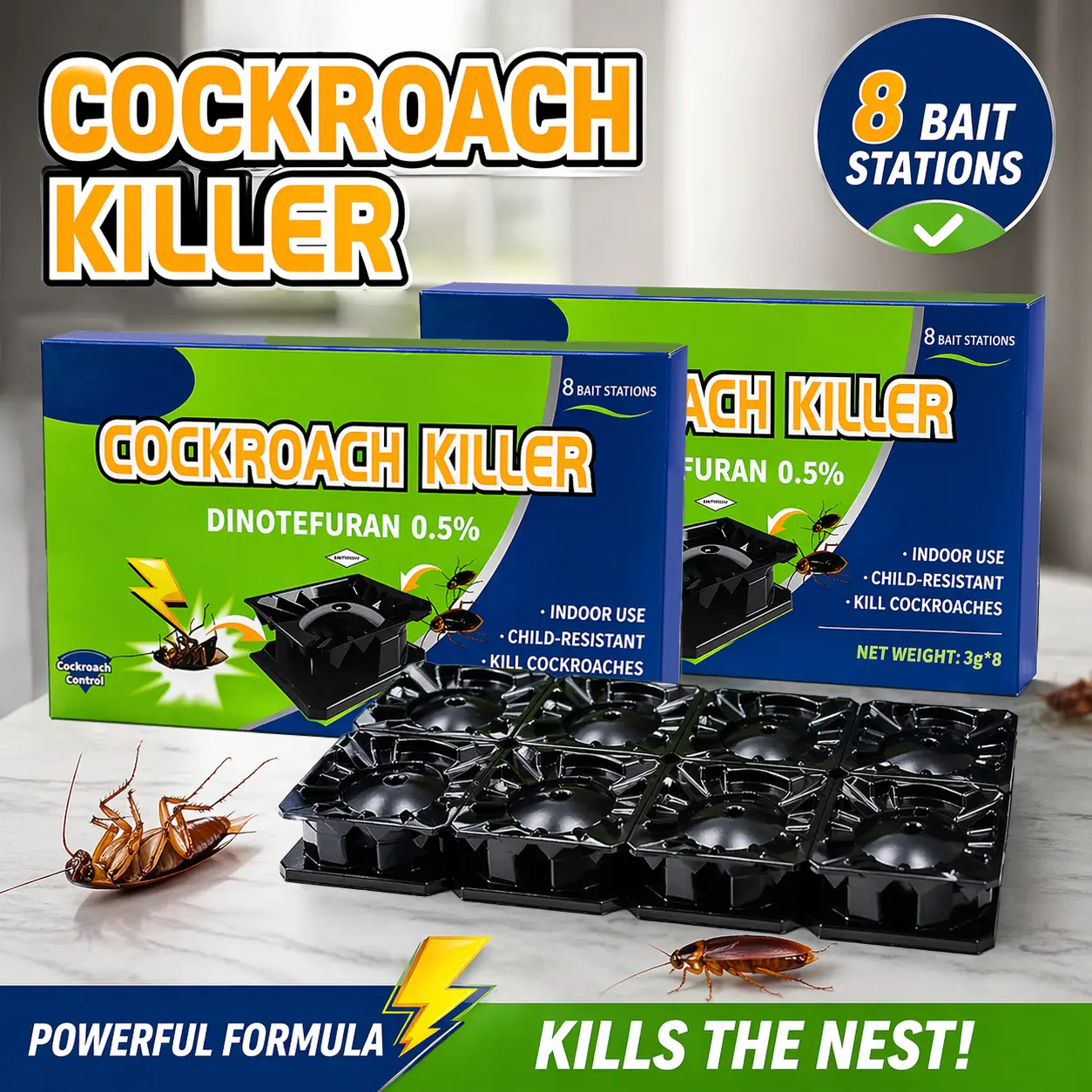 8 Pack Roach Bait Stations – Indoor Cockroach Control Solution with Odorless No-Mess Design, Helps Reduce Roach Activity with Easy Placement, Ideal for Kitchens, Garages, Bathrooms, Cabinets & Home Pest Manageme