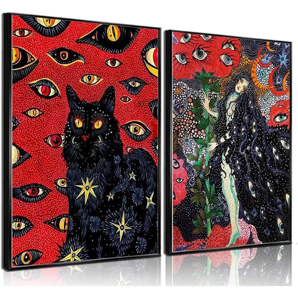 2Pcs Black Cat Cohen Hippie Psychedelic Wall Art Retro Fun Cool Girl Mystical Animal Eyes Stars Canvas Posters Prints Cat Lovers Wall Decor Pictures Bedroom Living Room Dorm Decoration Unframed