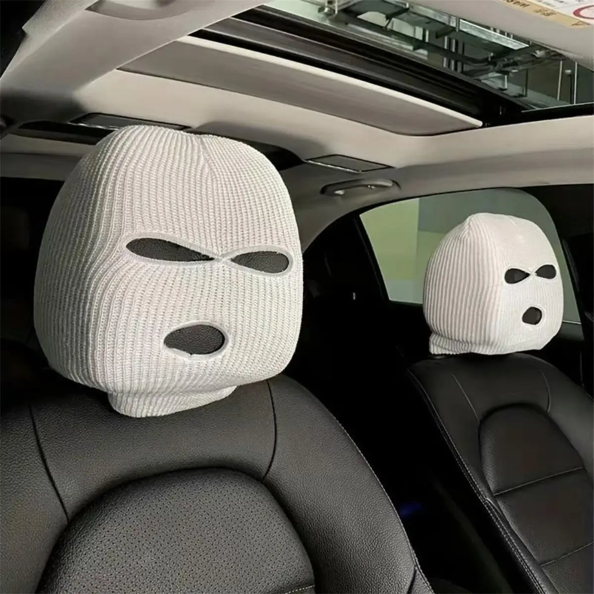 2 PCS Car Headrest Covers - Funny Car Accessories, Front Seat Head Rest Protector, Personalized Ski Trim, Winter Full-Face Outdoor Sports Cover