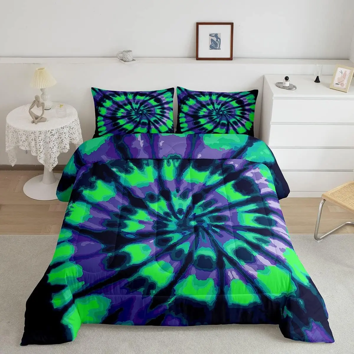 Luxury Bohemian Quilt Set - Tie-Dye Geometric Digital Print Duvet Cover, Breathable Cozy Green Blue Swirl Bedding, Multi-Size Queen Option, Machine-Washable Decor for Bedroom Use