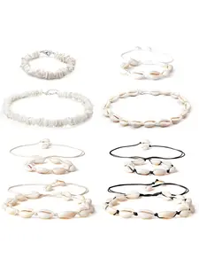 Natural 8 Pcs Stylish Vintage Jewelry Set Shell Chokers Necklaces Anklets for Women Men Chips Cowrie Puka Vsco Clam Cord Waikiki Summer Beach Adjustable Necklace Bracelets Ankle Body Set