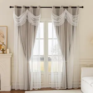 Set of 2 cable ring curtain panels covered with thin gauze, includes a wavy curtain header, cute hollow star-hole sheer curtain suitable for bedroom blackout/shading, living room curtains, themed room curtains, holiday party decorations, lightweight curta