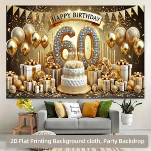 1pc 2D Flat 60th Birthday Party Backdrop - Golden Glitter "152.4cm with Balloons, Confetti & Gift Boxes, Polyester Photography Background for Indoor/Outdoor Celebrations, No Power Needed, Perfect