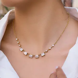Emma's Heart | Radiant Square Zirconia Necklace - 18K Gold Plated Stainless Steel, Modern Geometric Glow