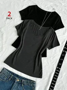 "2-Pack Black & White V-Neck Short-Sleeve Tees | Slim-Fit Basic T-Shirts – 2025 TikTok Viral Versatile Aesthetic! Soft Stretchy Fabric, Minimalist Design 🖤 Perfect for #OOTD, #CasualChic, #Y2KRevival. Stylish for Brunch, Layering or Lazy Days – Shop the