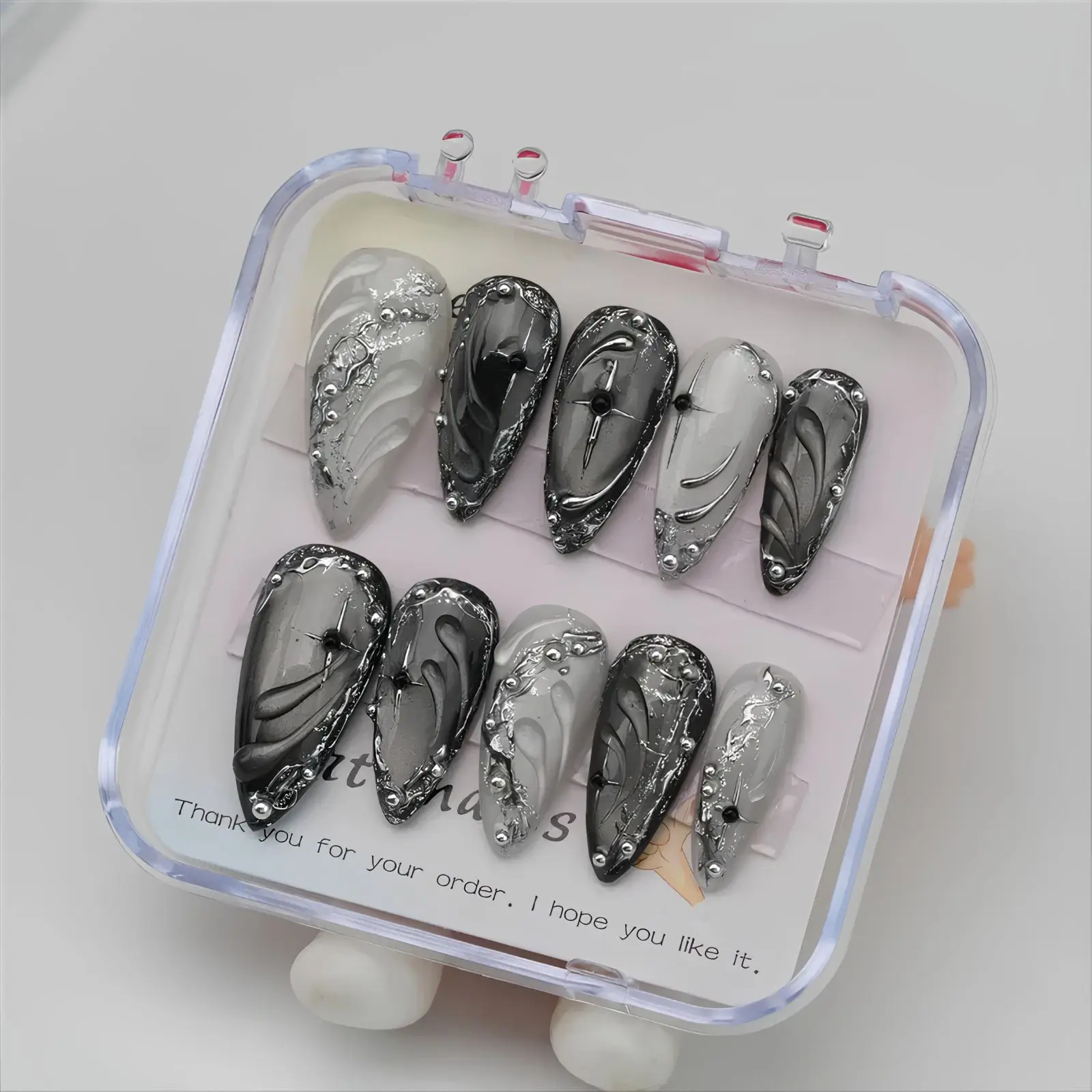 Black Silver Gothic Press On Nails | Chrome 3D Swirl Handmade Nails | Luxury Gray Ombre Fake Nails | Elegant Reusable Glue On Nail Set