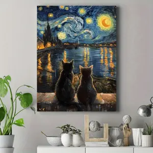 2D Flat, 1pc Unframed Canvas Poster-Starry Night Cats Canvas Wall Art, Poster and Print, Artwork Wall Painting for Festival Gifts, Halloween Decoration Bedroom, Living Room, Cafe, Wall Home and Christmas Decor