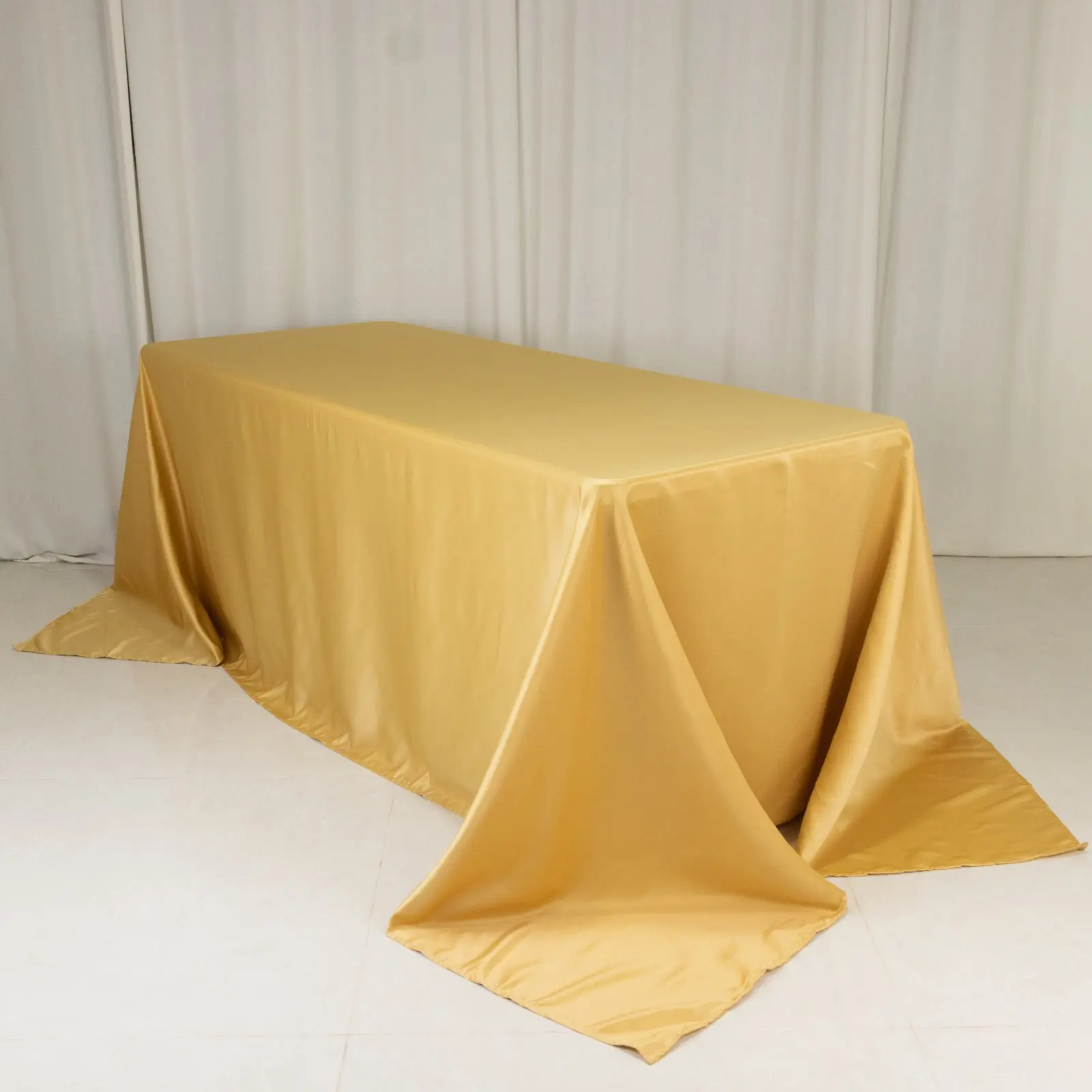 Lamour Satin Rectangle Tablecloth, 90"x132" Champagne Seamless Table Cover - Machine Washable, Low-Heat Tumble Dry Compatible, for Corporate Events, Weddings, Parties, Machine Wash