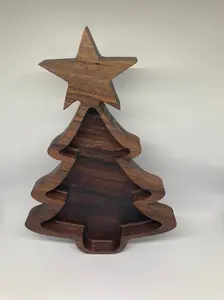 Walnut Wood Christmas Tree Tray - Holiday Tray with Curve Design for Charcuterie Platter, Candy Dish & Centerpiece