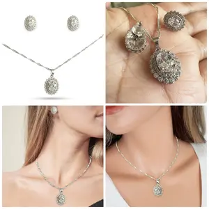 925 Sterling Silver Oval Necklace Set With Studs Earring in Zirconia
