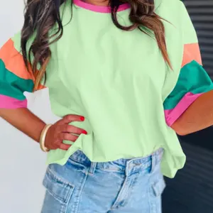 Green Color Block Sleeve Oversize T-Shirt for Women- Top Womenswear
