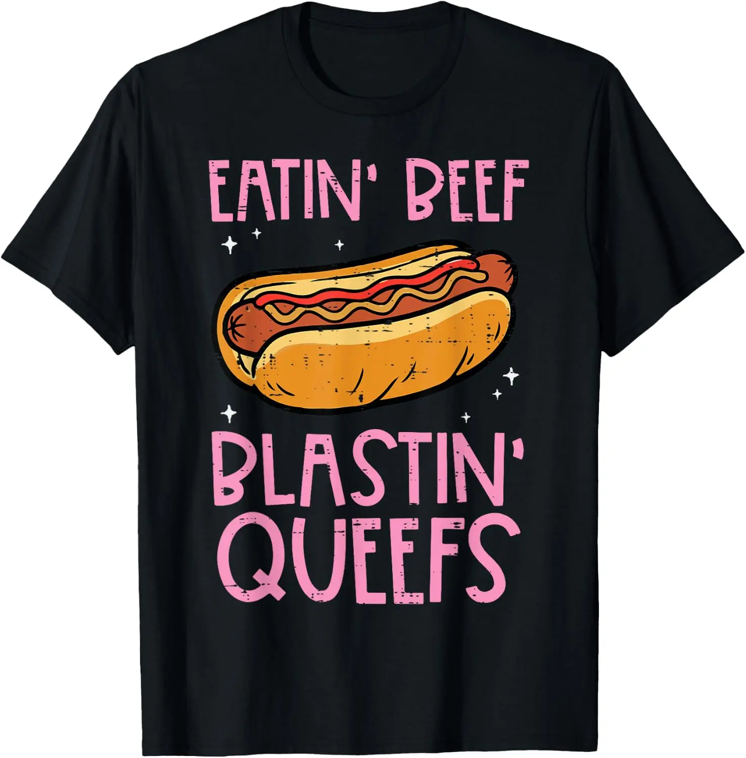 Retro Funny Hotdog Graphic T‑Shirt, "Eatin' Beef Blastin' Queefs" Distressed Print Unisex Crew Neck Casual Streetwear Shirt Classic Fabric Menswear Soft Tops