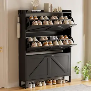 Shoe Cabinet Storage for Entryway, Narrow Shoe Rack with 3 Flip Drawers, Freestanding Hidden Shoe Rack Storage Organizer, Slim Shoe Cabinet White with Metal Legs