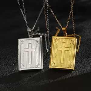 Stainless steel necklace can open book necklace photo frame can put photo necklace men and women daily wear gift