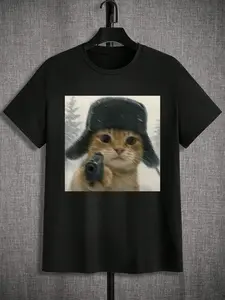 Russian Ushanka Cat Meme Print T-Shirt, Fun Internet Trend Top, Subculture Lover Casual Wear, Tiktok Viral Tee for Daily