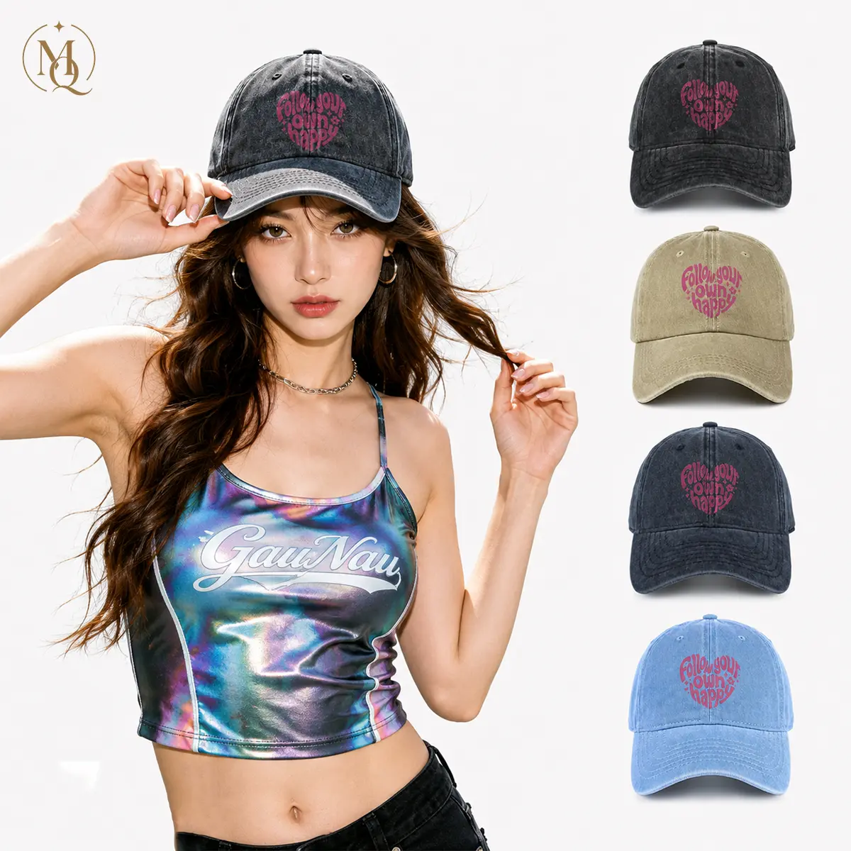 Vintage Washed Dad Hat with Positive Quote Graphic – “Follow Your Own Happy” Heart Print Baseball Cap, Adjustable Unisex Cotton Casual Sun Hat for Women Men, Streetwear Style