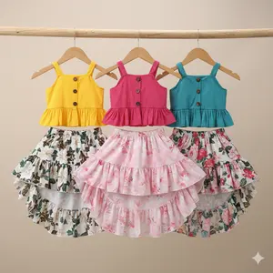Trendy Kids Floral Skirt & Polka Dot Top Set - Perfect Summer Outfit for Girls Baby Toddler Kids Button Strap Top Floral Tutu Skirts Two-pieces Set