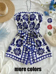 Women's Floral Print Belted Romper, Boho Romper for Beach Holiday Vacation, Fitted Ladies Clothes for All Seasons, Bohemian Womenswear, Floral Print Overalls, Floral Print Jumpsuits, Boho Casual Romper（gift）